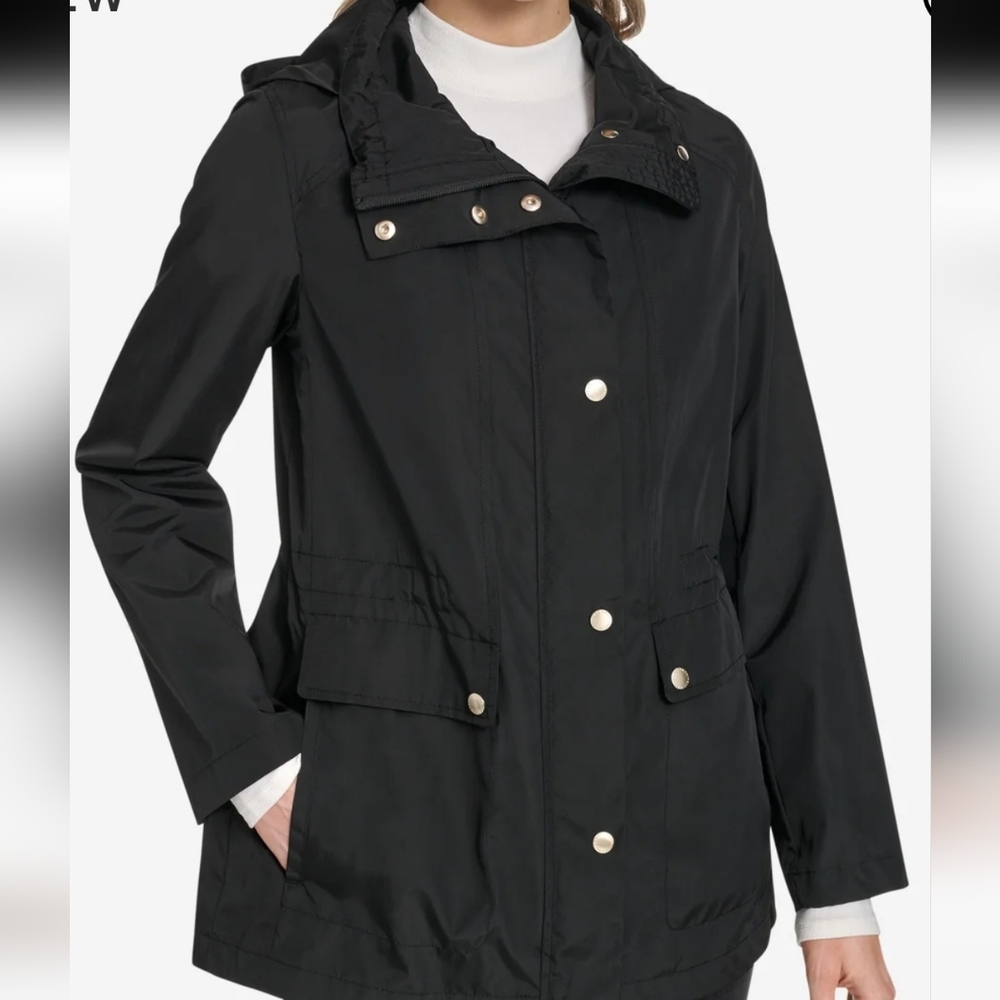 Calvin Klein Black Hooded Water-resistant Rain Trench Coat Deep Pockets SZ XS